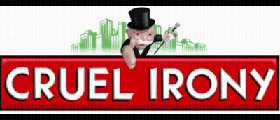 Monopoly Man Pointing At Cruel Irony Logo GIF