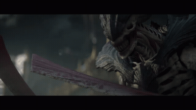 Monster Holding Red Sword In Front Of Building Saying A GIF