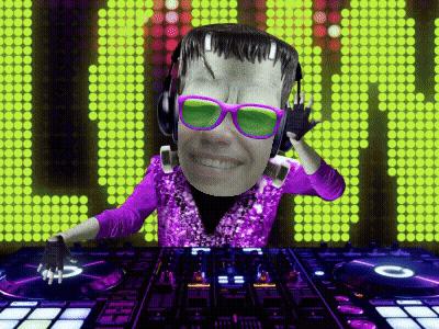 Monster in Sunglasses and Headphones Playing Music on Mixer