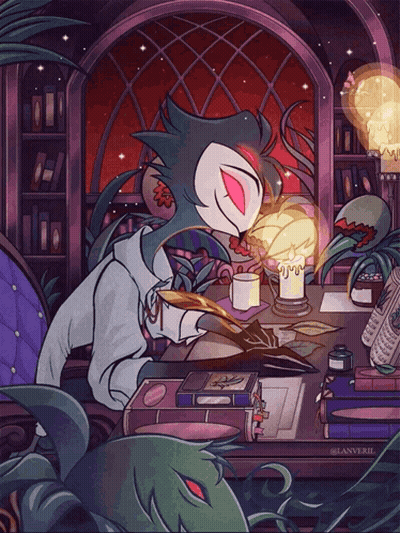 Monster Sitting At Table With Candle And Book By Lanverii GIF