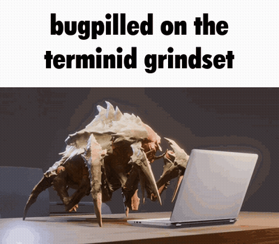 Monster Statue Sitting In Front Of Laptop Saying Bugpilled Grindset GIF