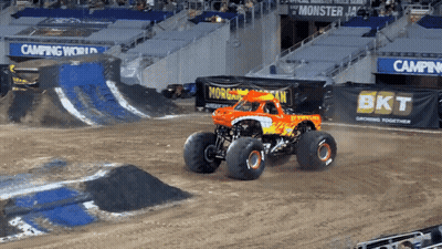 Monster Truck On Dirt Track Near BKT Sign GIF