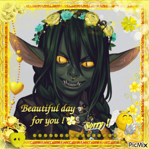 Monster With Flowers In Hair Says Beautiful Day Sorry GIF