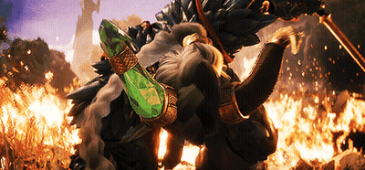 Monster With Horns Holding Green Object In Front Of Flames GIF