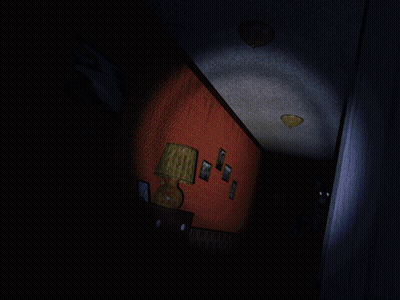 Monster with Red Eyes and Sharp Teeth in Doorway
