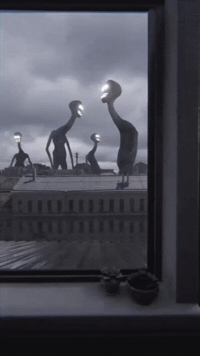 Monsters With Long Necks By Window GIF