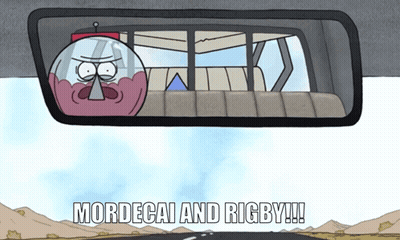 Mordecai And Rigby Are Seen In The Rear View Mirror GIF
