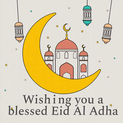 Mosque And Crescent Moon Wishing You A Blessed Eid Al Adha GIF