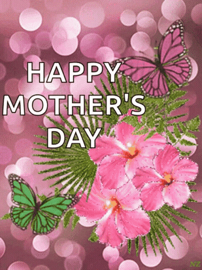 Mother's Day Card Pink Flowers Green Butterflies GIF