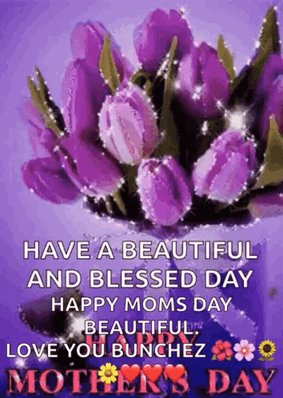 Mother's Day Card Purple Flowers Have A Beautiful And Blessed Day Happy Moms Day GIF