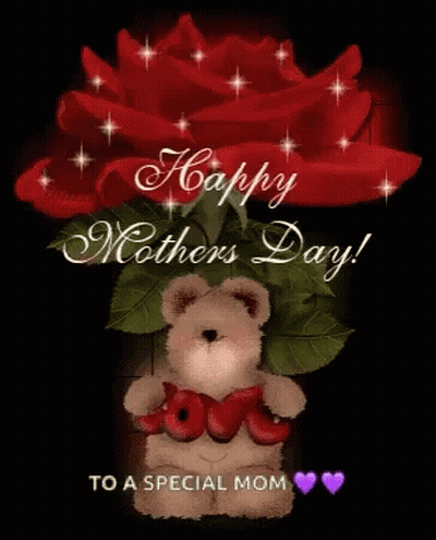Mother's Day Card Teddy Bear Holding Heart And Rose GIF