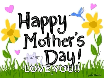 Mother's Day Card With Flowers Hearts Cat Bird GIF