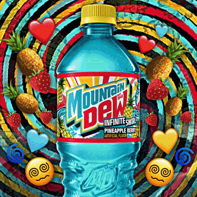 Mountain Dew Pineapple Berry Bottle Surrounded By Pineapples And Strawberries GIF
