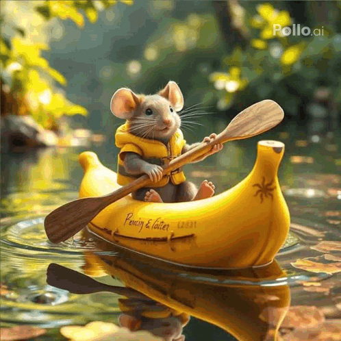 Mouse In Life Jacket Rowing Banana Boat GIF