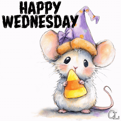 Mouse in Witch Hat Holding Candy Corn Saying Happy Wednesday