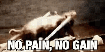 Mouse Lying With Knife In Mouth Saying No Pain No Gain GIF