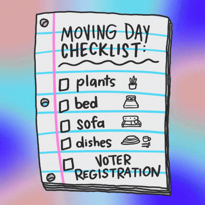 Moving Day Checklist With Plants Bed Sofa Dishes Voter Registration GIF