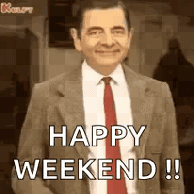 Mr. Bean In Suit And Tie Saying Happy Weekend GIF