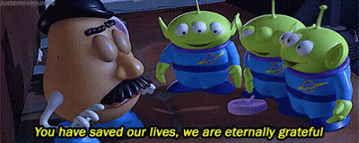 Mr. Potato Head Is Talking To Three Toy Story Aliens And Says You Have Saved Our Lives We Are Eternally Grateful GIF