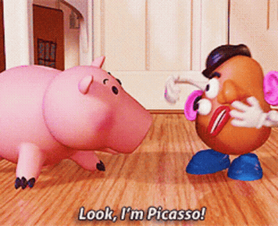 Mr Potato Head Saying Look I'm Picasso Next To A Pig GIF