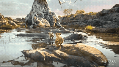 Mufasa The Lion King Movie Poster With Two Lion Cubs In Water GIF