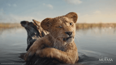 Mufasa The Lion King Poster With Lion Cub In Water GIF