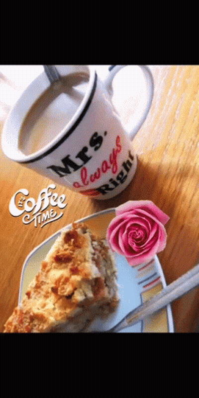 Mug Saying Mrs Always Right Next To Apple Pie GIF