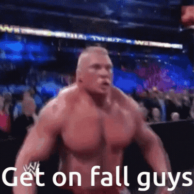 Muscular Man Before Crowd Saying Get On Fall Guys GIF