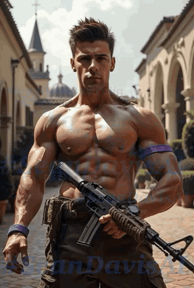 Muscular Man Holding Gun At Davis Building GIF