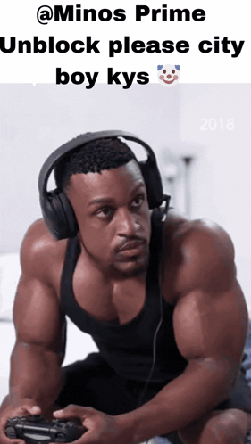 Muscular Man Wearing Headphones Playing Video Game Caption Minos Prime Unblock Please City Boy GIF