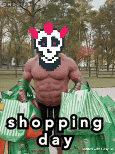 Muscular Man With Skull Face Holding Shopping Bags GIF
