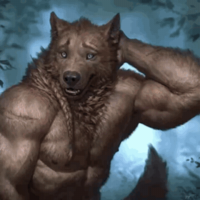 Muscular Werewolf In Woods With Hand On Head GIF