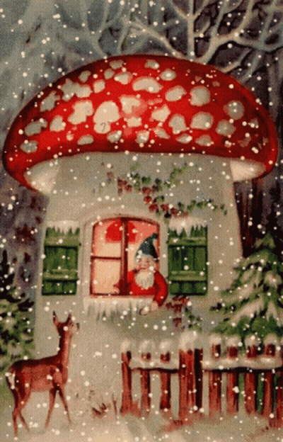 Mushroom House With Santa Claus And Deer In Snow GIF