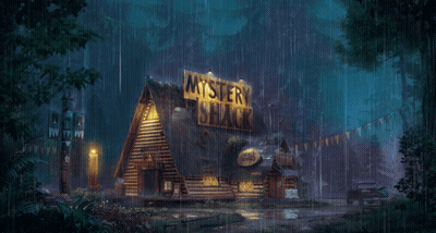 Mystery Shack Lit Up In Rain At Night GIF