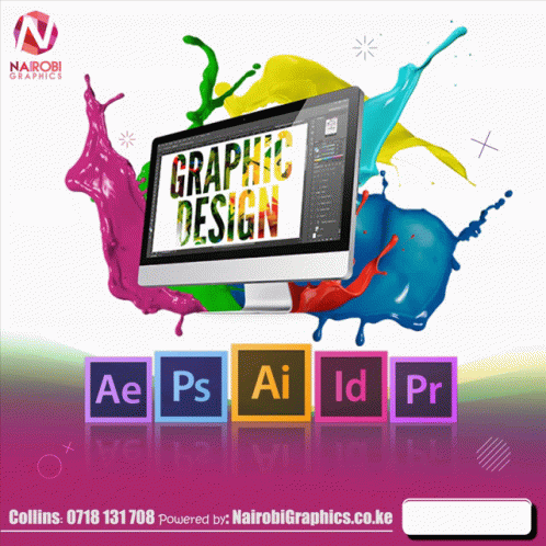 Nairobi Graphics Ad With Computer Screen And Paint Splashes GIF