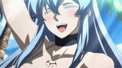 Naked Anime Girl With Blue Hair And Choker Smiling GIF
