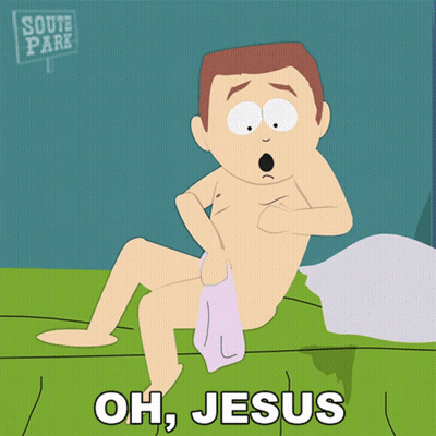 Naked Man Sitting On Bed Saying Oh Jesus GIF