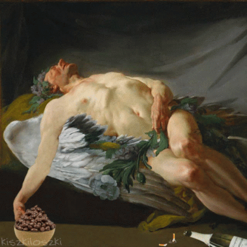 Naked Man With Wings And Bowl Of Chocolate Chips GIF