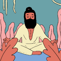 Namaste Yoga Guy Cartoon Floating Space Ship GIF