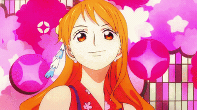 Nami From One Piece Standing In Front Of Pink Background GIF