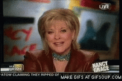 Nancy Grace Is Smiling In Front Of A Screen That Says " Make Gifs At Gifsoup.com " GIF