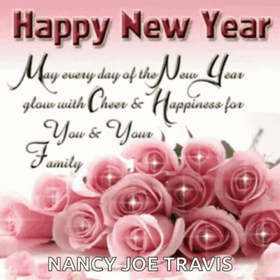 Nancy Joe Travis Wishes Everyone A Happy New Year With A Bouquet Of Pink Roses GIF