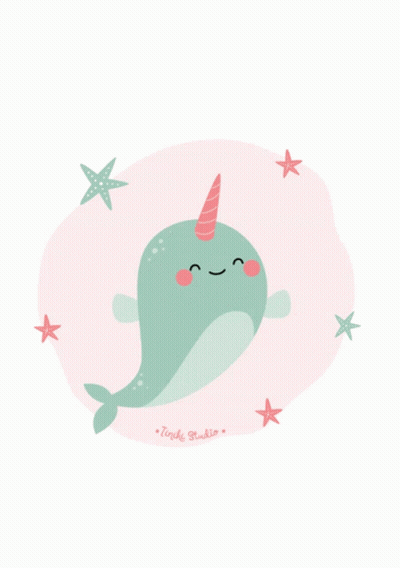 Narwhal With Pink Horn Surrounded By Sea Stars GIF