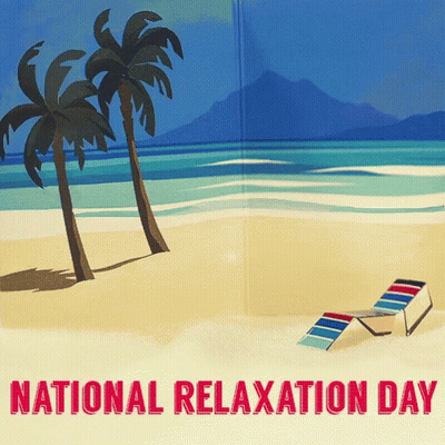 National Relaxation Day Poster With Palm Trees And Beach Chair GIF