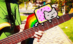 Neon Cat Sleeping On Guitar Neck GIF