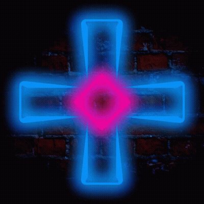 Neon Cross With Red Center On Dark Brick Wall GIF