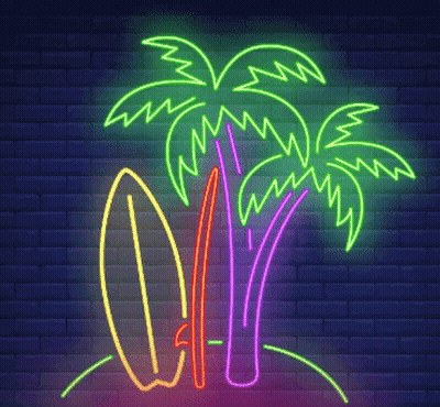 Neon Sign Of Palm Trees And Surfboard On Brick Wall GIF