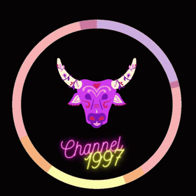 Neon Sign Saying Channel 1997 With Purple Bull GIF
