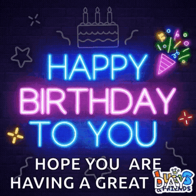 Neon Sign Saying Happy Birthday To You With Cake And Confetti GIF