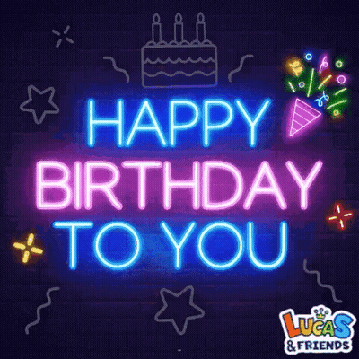 Neon Sign Saying Happy Birthday With Cake GIF